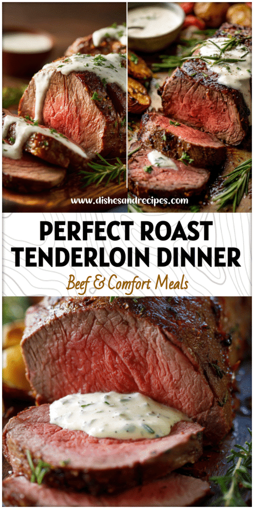 Sliced roasted beef tenderloin with creamy horseradish sauce on a serving platter for a Dinner Gourmet vibe